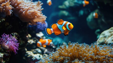 A vibrant underwater scene where different marine species, such as clownfish and sea anemones, coexist in a coral reef.