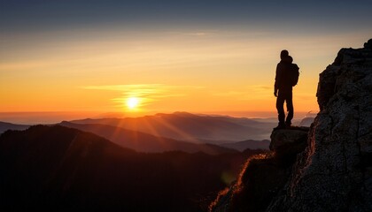 Fototapeta premium Silhouette of a lone traveler watching sunrise from a mountain peak. Semi-realistic cinematic scene emphasizing vast landscapes, golden light, and solitude at high altitude.