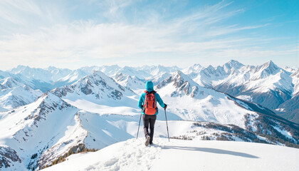 Hiker enjoying scenic view on snowy mountain landscape
