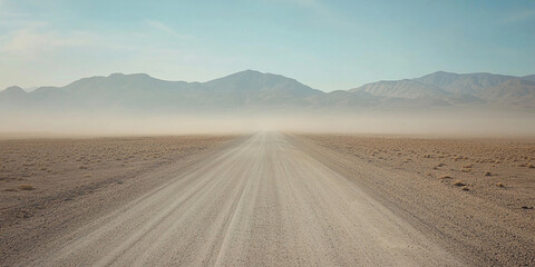 A road in the desert with a foggy mist in the air