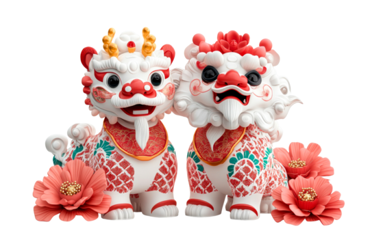 Vibrant dragon statues with floral accents for festive celebrations