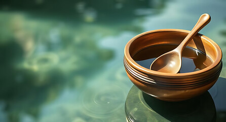 A serene image of a Thai water bowl and scoop placed next to clear water with soft reflections