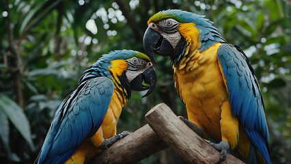 Obraz premium Two Colorful Macaws Perched Together on Branch in Lush Jungle Setting