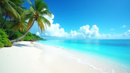 Tropical Beach With Palm Trees, Blue Sea