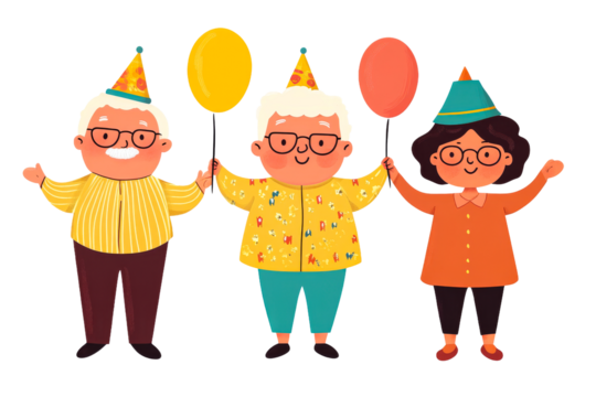 Celebration of elderly friends with balloons and party hats