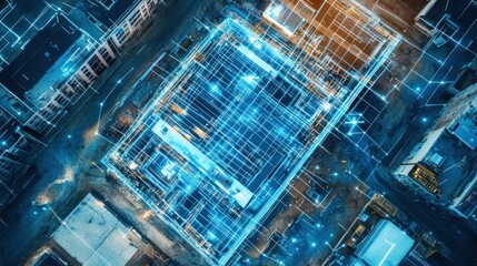 Cityscape aerial view overlaying industrial facility network.  Possible use for stock photography of technology, urban development, or industrial design