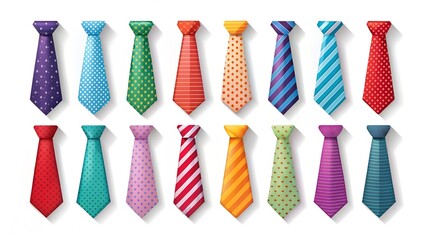 Set of colored ties isolated on white background. Ties icons. Tie for business meetings. Collection of ties. Elegant clothes
