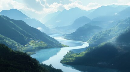 A view of the Lamtan River winding path through a mountainous region, showcasing its natural elegance.