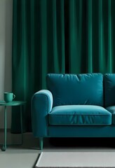 Modern living room with a green sofa, red sofa, and decorative pillows, featuring comfortable furniture and stylish decor