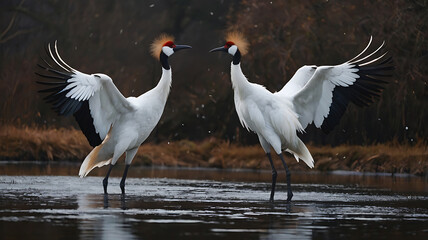 Obraz premium Two Red Crowned Cranes Spreading Wings in Wetland Water Scene
