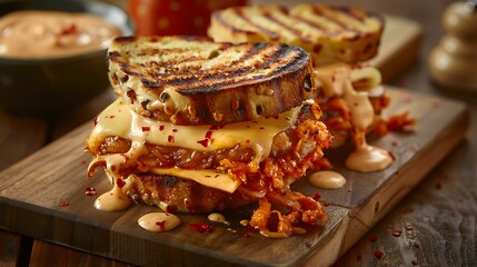 Fototapeta premium Kimchi Grilled Cheese Sandwich with Spicy Sriracha Mayo