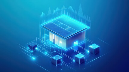 A visualization of a home powered by solar panels, batteries, and a smart grid, demonstrating modern power solutions.