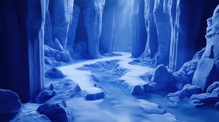 A cold icy cave with water flowing through its path