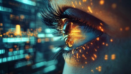 Woman s eye viewing virtual data stream, concept data analysis, immersion digital world, cyberspace.