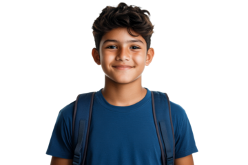 Young boy with backpack smiling against transparent background