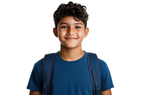 Young boy with backpack smiling against transparent background