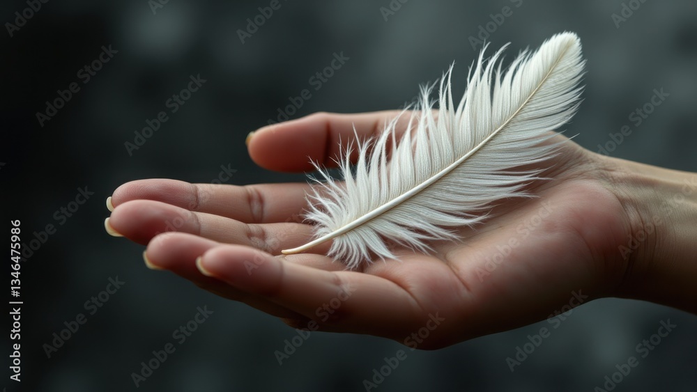 Aufkleber delicate white feather resting on a human hand with soft background