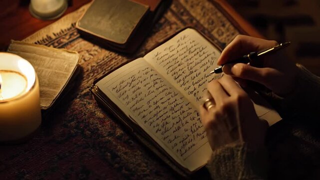 A person writes in a vintage journal with a gold pen, surrounded by old books and warm, nostalgic lighting. The scene evokes a sense of reflection, history, and intimate storytelling.