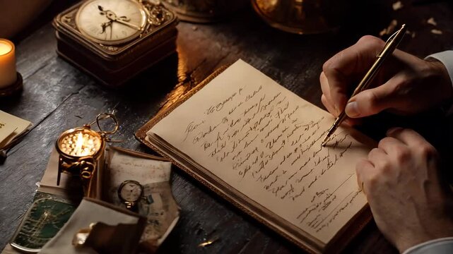 A man writes with a gold pen on aged paper in a vintage notebook, surrounded by antique timepieces and nostalgic memorabilia. The warm, moody atmosphere evokes a sense of history, reflection, and time