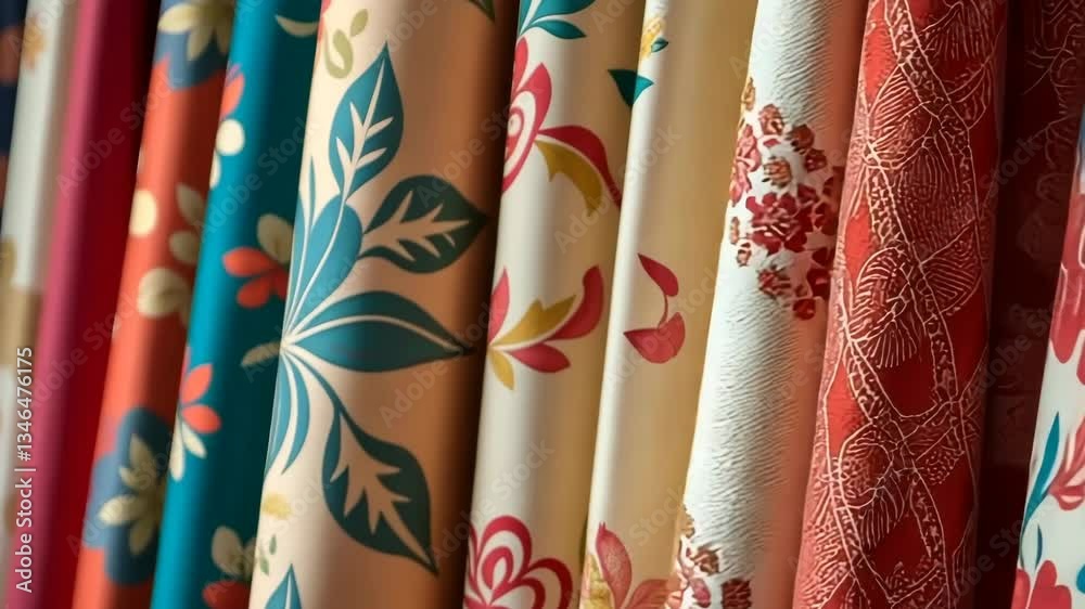 Poster A row of colorful curtains with floral designs. The curtains are arranged in a row and are of different colors