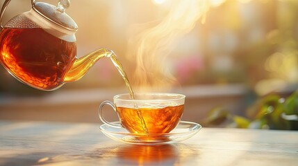 Fototapeta premium A beautifully poured cup of tea from a teapot into a glass cup, set against a light, airy background.