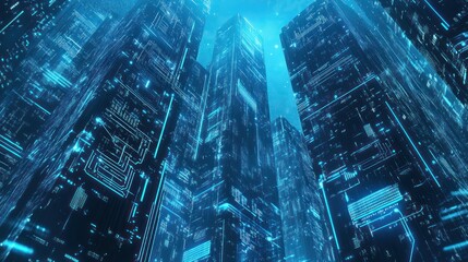 Futuristic city with glowing circuit board architecture