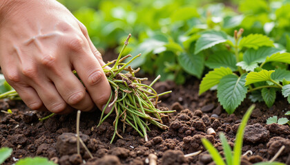 Hand removing weeds from fertile soil
