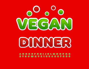 Vector Joyful flyer Vegan Dinner. Green Sticker Font. Decorative Alphabet Letters and Numbers set.