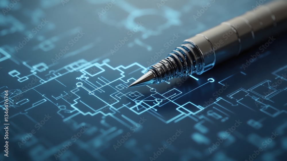 Poster futuristic pen on high-tech blueprint background design concept