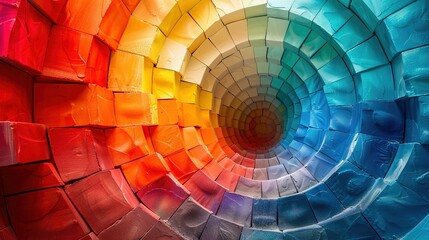 Obraz premium A vibrant spiral of color blending seamlessly from warm reds and oranges to cool blues and teals, creating a mesmerizing tunnel effect.
