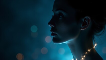 Obraz premium Portrait Woman Glowing Necklace Blue Light