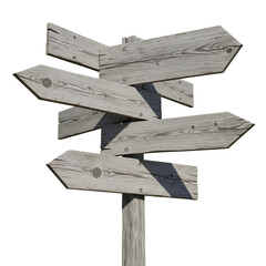 Fototapeta premium A rustic wooden signpost with multiple blank directional arrows, pointing in different directions.