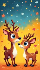 Naklejka premium Two cartoon reindeers looking at each other with stars and hearts on colorful background.
