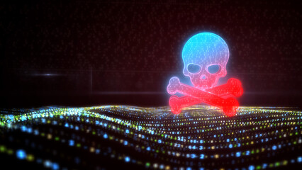 Skull pirates and cyberattack symbol 3d illustration