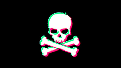 Skull pirates and cyberattack symbol glitch and noise 3d illustration