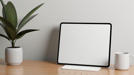 digital tablet mockup plant and mug on  wooden desk with clean aesthetic