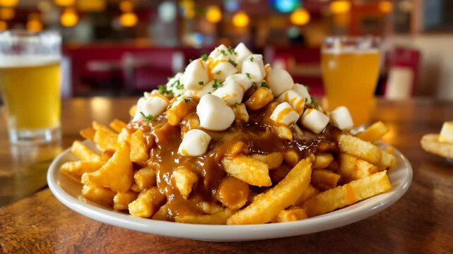 A hearty serving of poutine with fries, cheese curds, and gravy is displayed on a table alongside refreshing drinks in a restaurant.