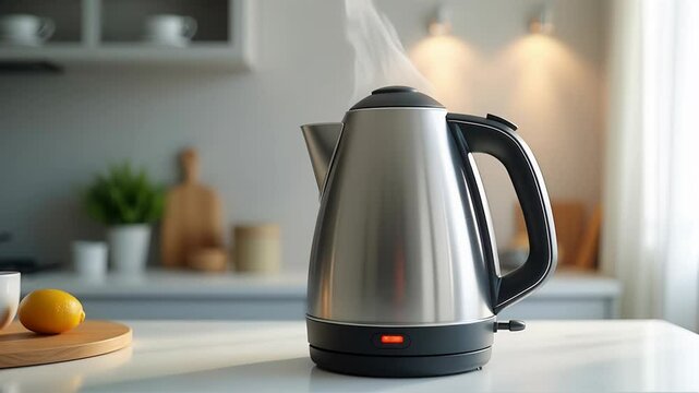 An electric kettle brews water on a contemporary kitchen counter, releasing steam as it heats. A lemon adds a fresh touch nearby.