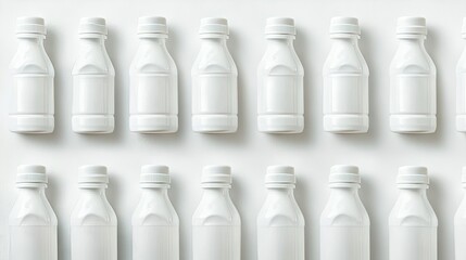 A collection of empty white plastic bottles, all arranged in rows on a clean background, ready to be filled.