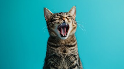 Obraz premium Yawning tabby cat against blue background