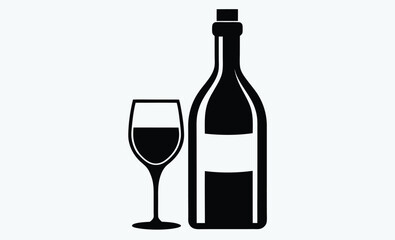 Wine bottle with glass icon, drinkware silhouette vector illustration