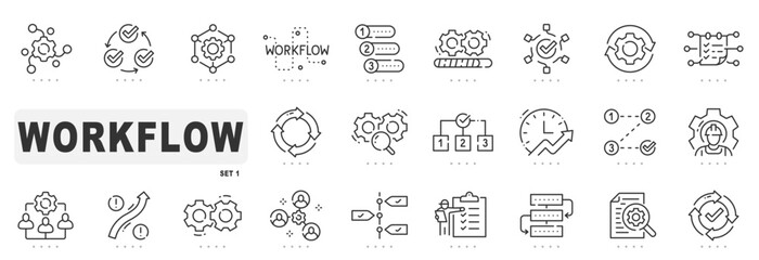 Set of workflow related line icons. Editable stroke