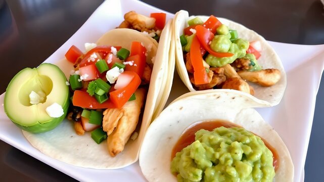 Loaded tacos with grilled chicken, salsa, and guacamole.