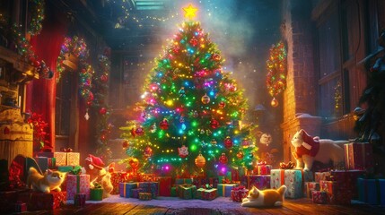 Obraz premium A whimsical Christmas tree glowing with colorful lights and cat-and-dog-themed ornaments.