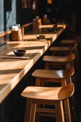 A side-view shot of a ramen shop with soft, golden lighting.