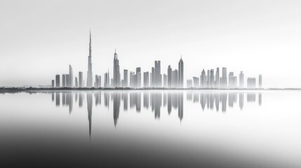 Fototapeta premium City skyline reflected in water, tranquil morning light, urban scene