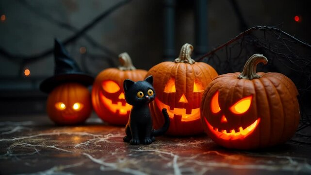 Carved pumpkins illuminate the dark with eerie faces, alongside a witch's hat and cobwebs, creating a spooky Halloween atmosphere.