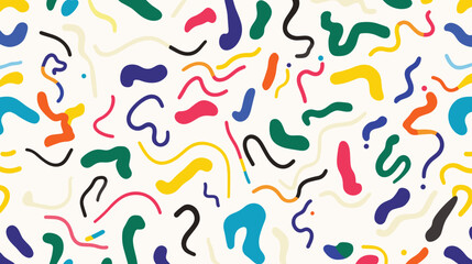 Colorful vector pattern of whimsical squiggles on a white background, simple vector line art, basic geometric shapes, 1980s style, 2D flat design, colorful vector lines