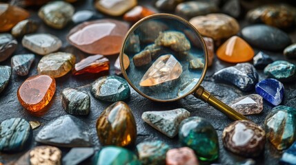A glass magnifier on a table with colorful gemstones, used for detailed analysis.