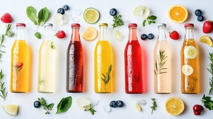 A group of bottles containing refreshing fruit juices, sodas, and iced tea, displayed isolated on a clean white backdrop.